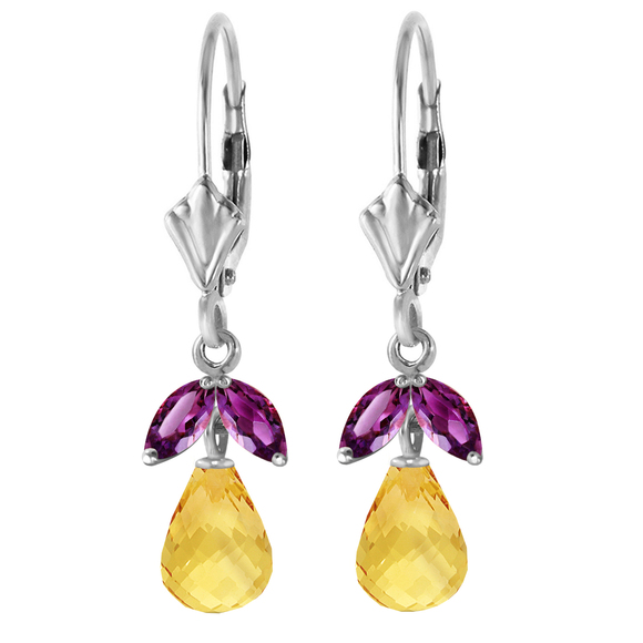 14K. GOLD LEVERBACK EARRING WITH CITRINES & AMETHYST (White Gold)